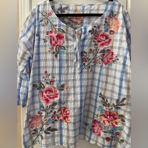 Floral Embroidered Blue Plaid Women's Top